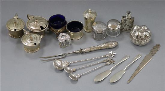 A George V four piece silver condiment set, a smaller mustard, three silver lidded glass rouge pots and sundries